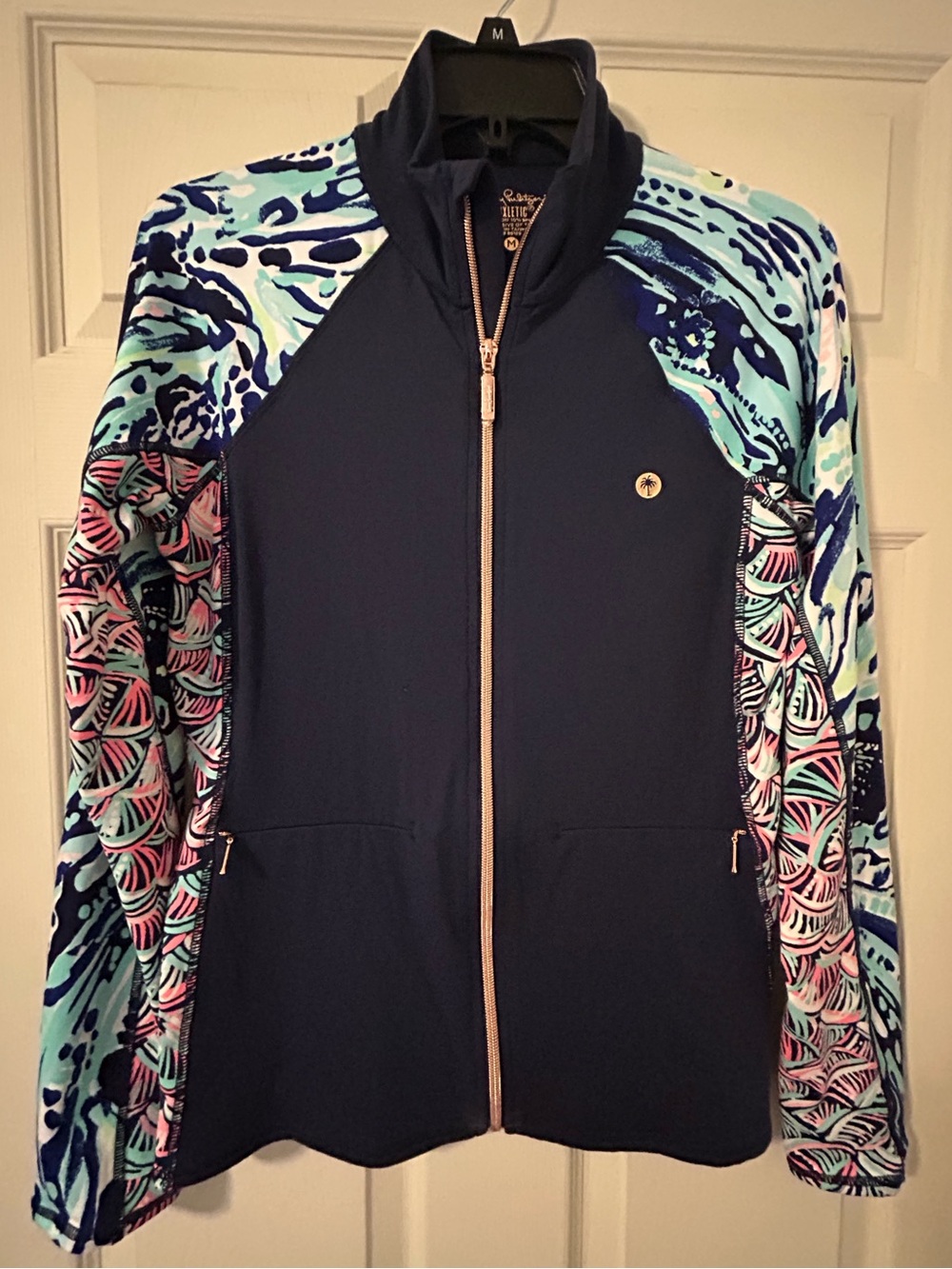Lilly Pulitzer Women’s Navy Zip-Up Jacket with Multicolor Patterned Sleeves M